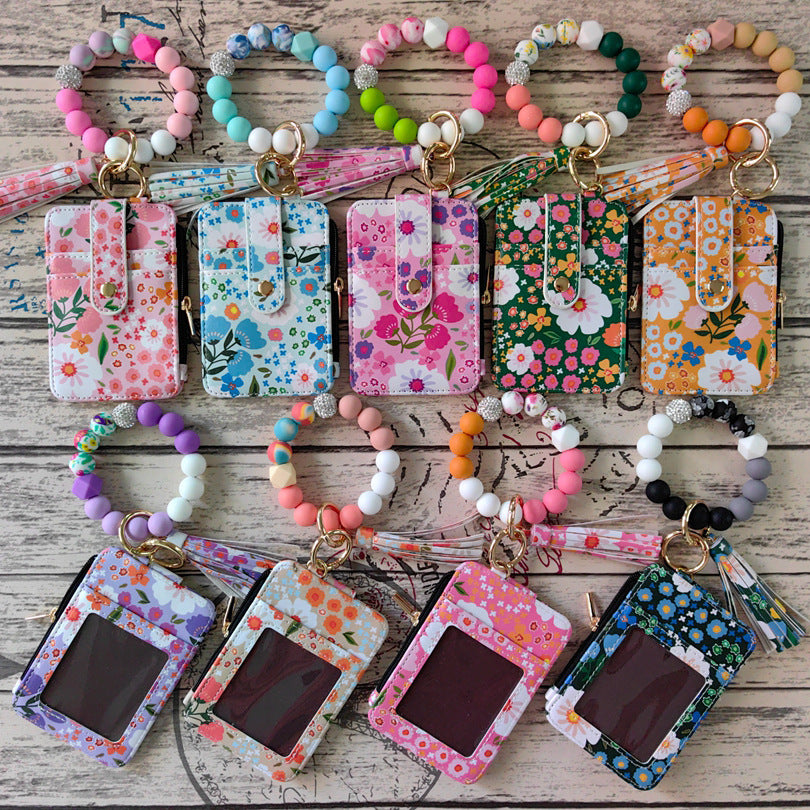 Bead Wristlet Keychain with Card Pouch