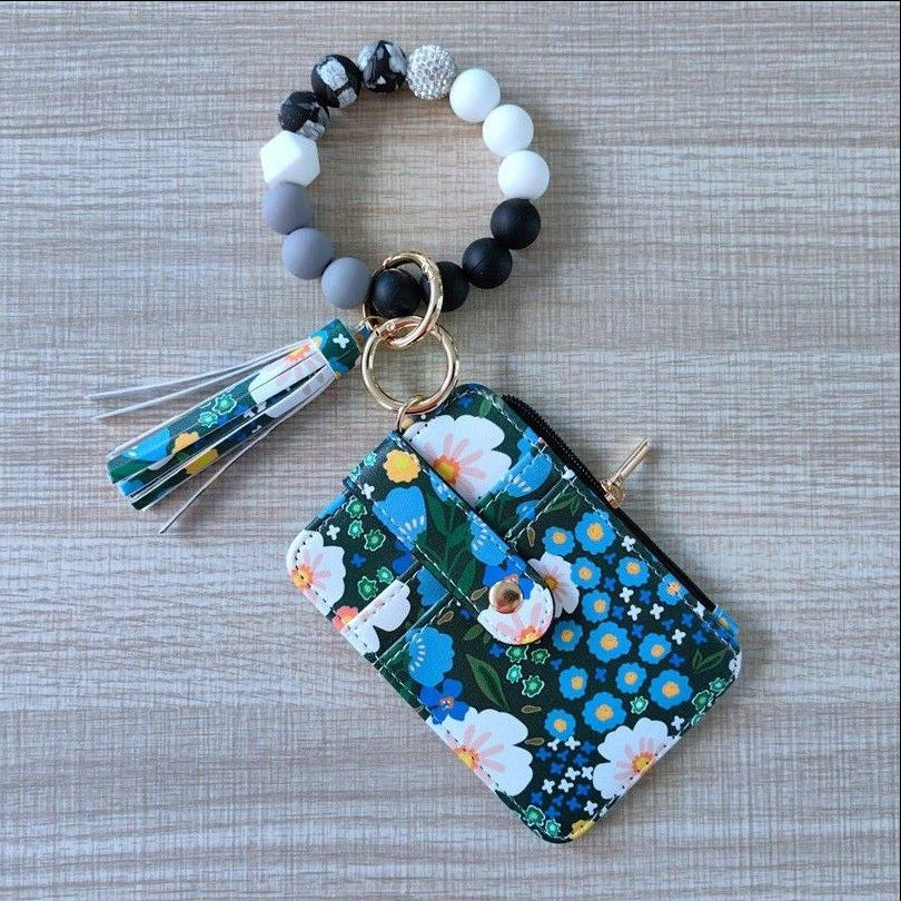 Bead Wristlet Keychain with Card Pouch - Dark Blue