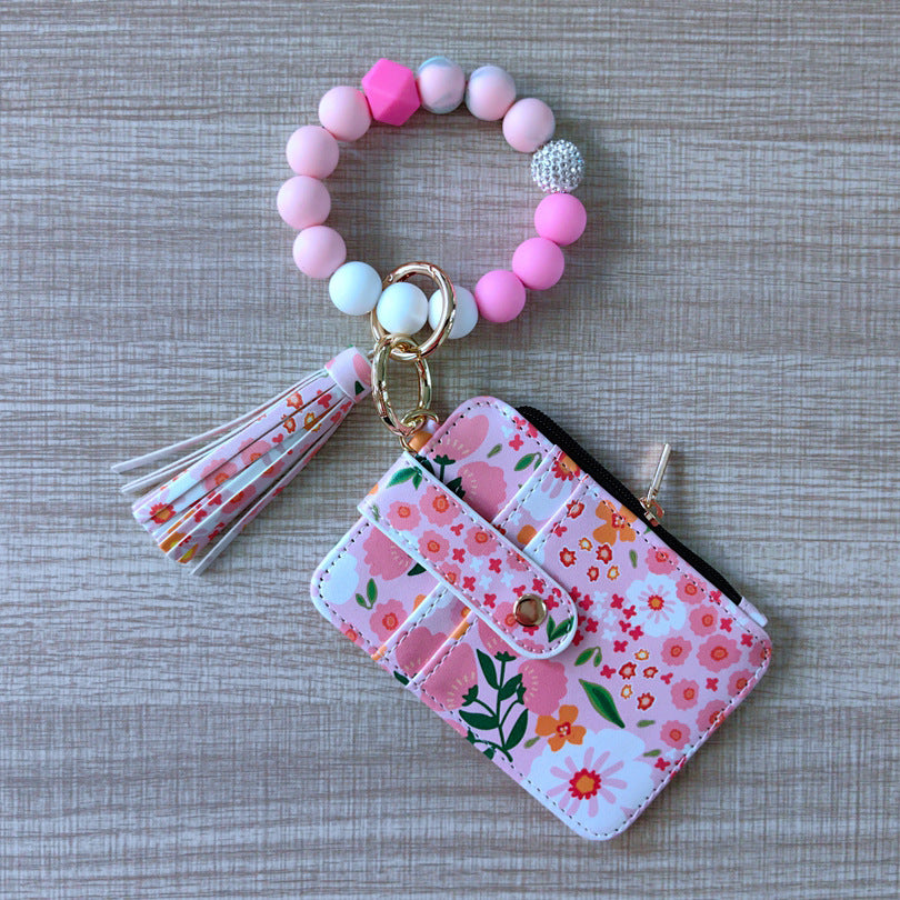 Bead Wristlet Keychain with Card Pouch - Pink