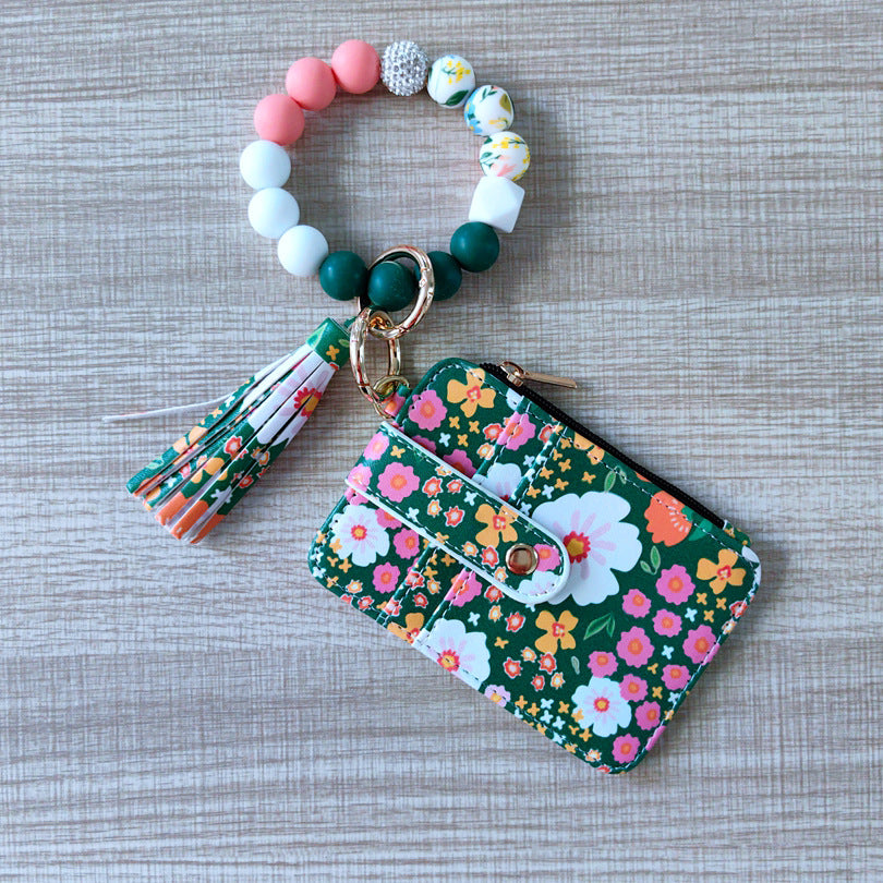 Bead Wristlet Keychain with Card Pouch - Green