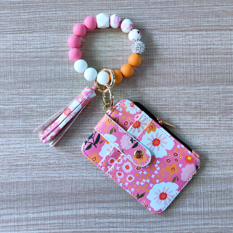 Bead Wristlet Keychain with Card Pouch - Deep Pink