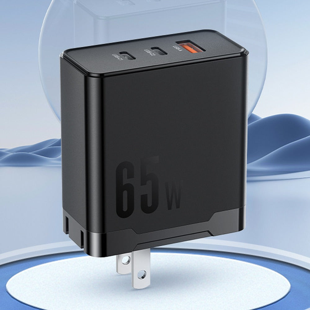 65W 3-port wall charger in black with US plug