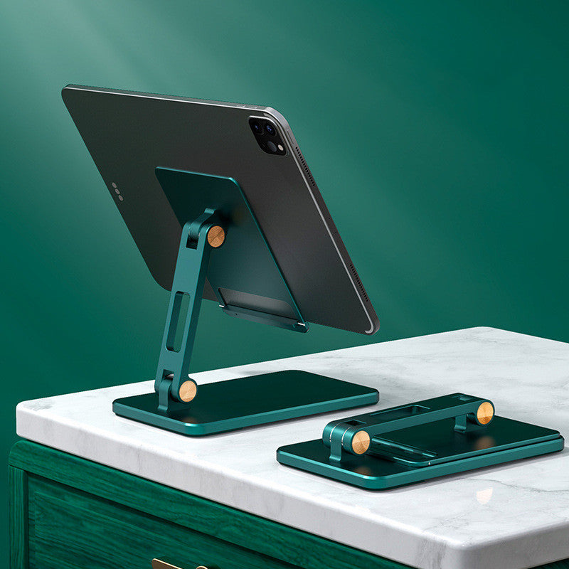Aluminum folding tablet stand in green with gold-tone knobs