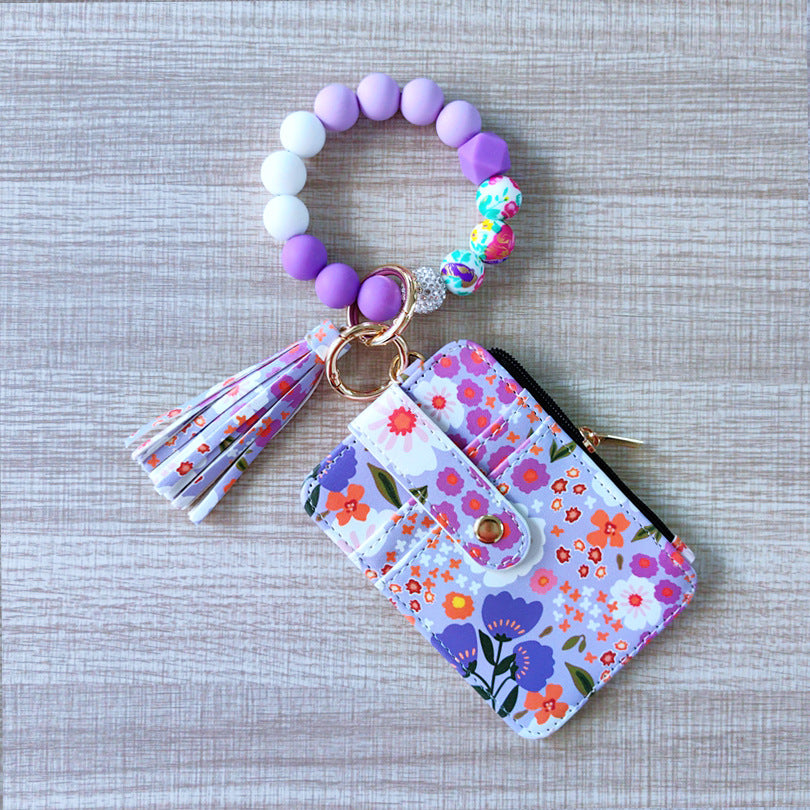 Bead Wristlet Keychain with Card Pouch - Purple