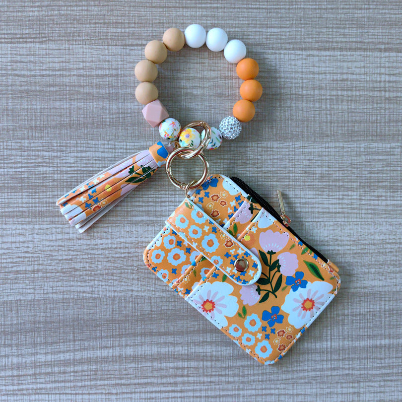 Bead Wristlet Keychain with Card Pouch - Yellow