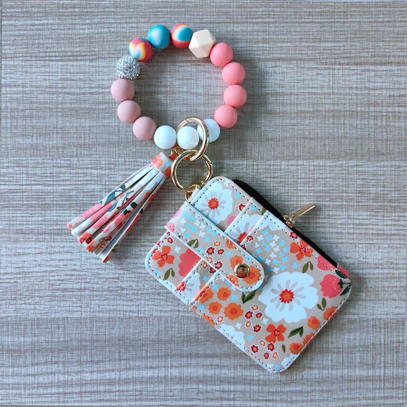 Bead Wristlet Keychain with Card Pouch - Khaki