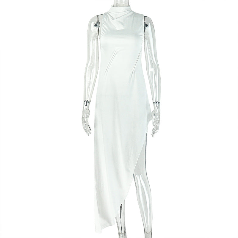 Asymmetric High-Neck Sleeveless Maxi Dress