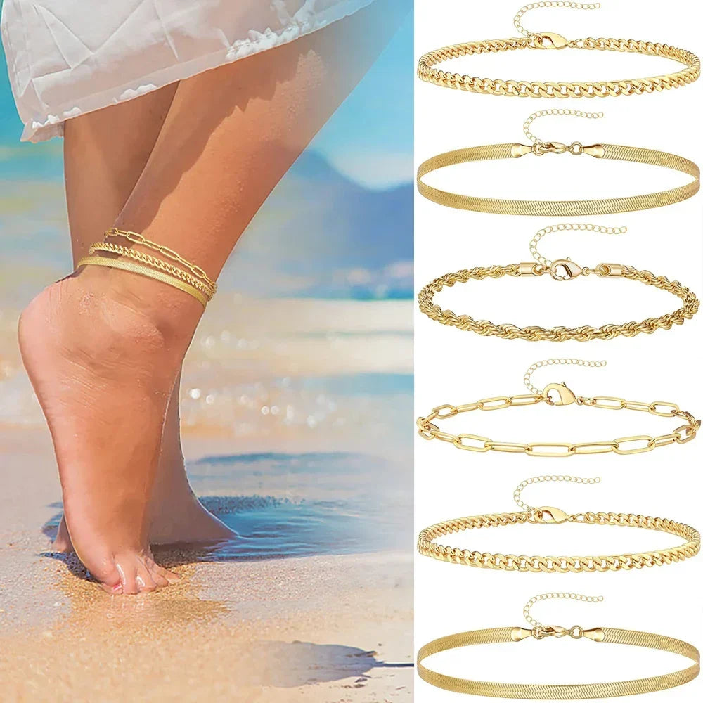 3-Piece Gold Stainless Steel Anklet Set