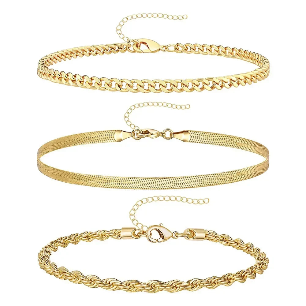 3-Piece Gold Stainless Steel Anklet Set