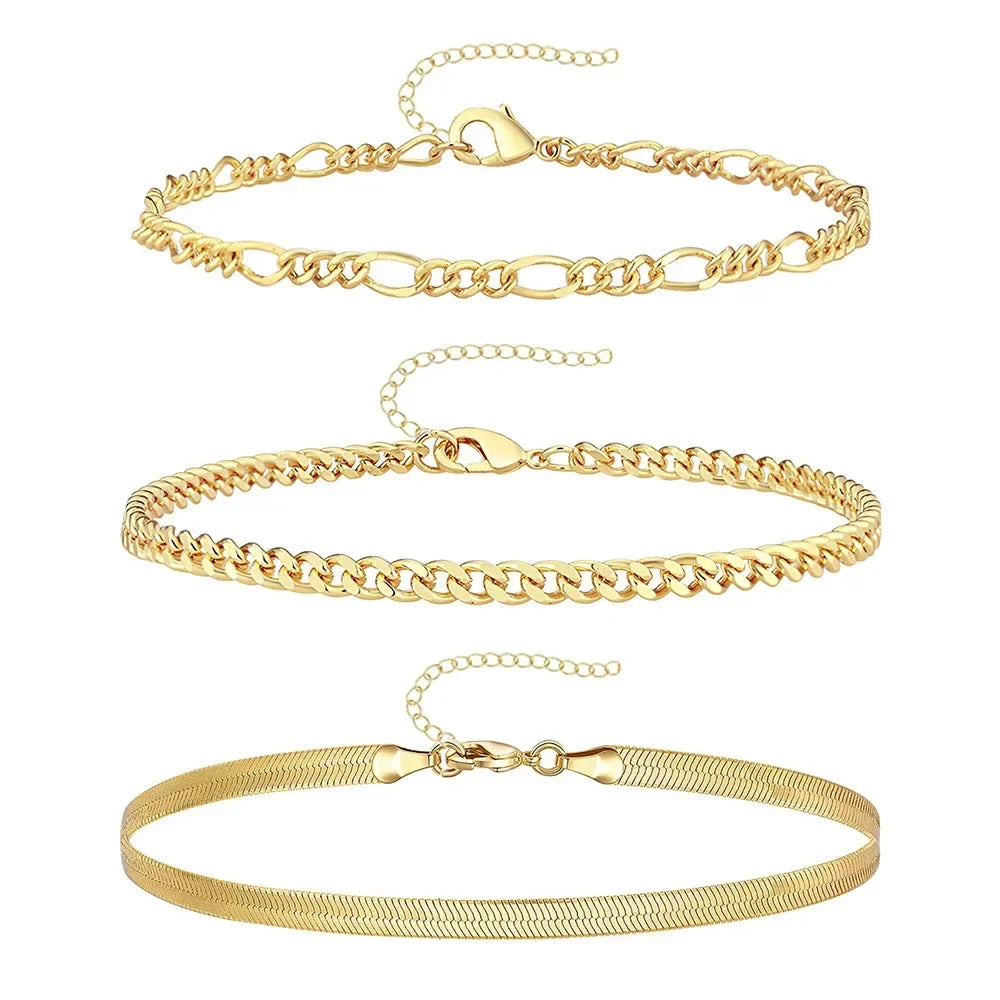 3-Piece Gold Stainless Steel Anklet Set