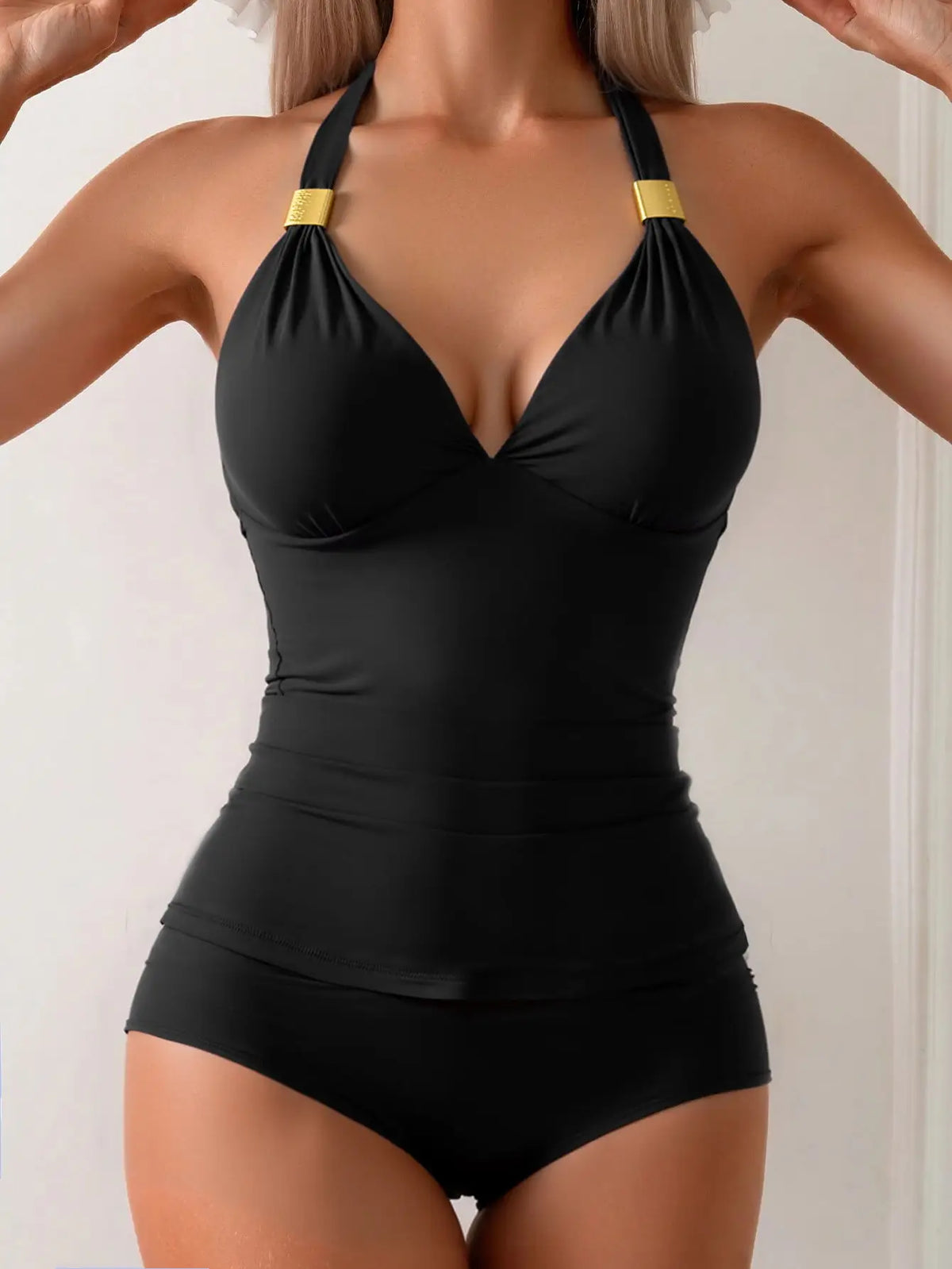 Black Halter Tankini with Swim Shorts
