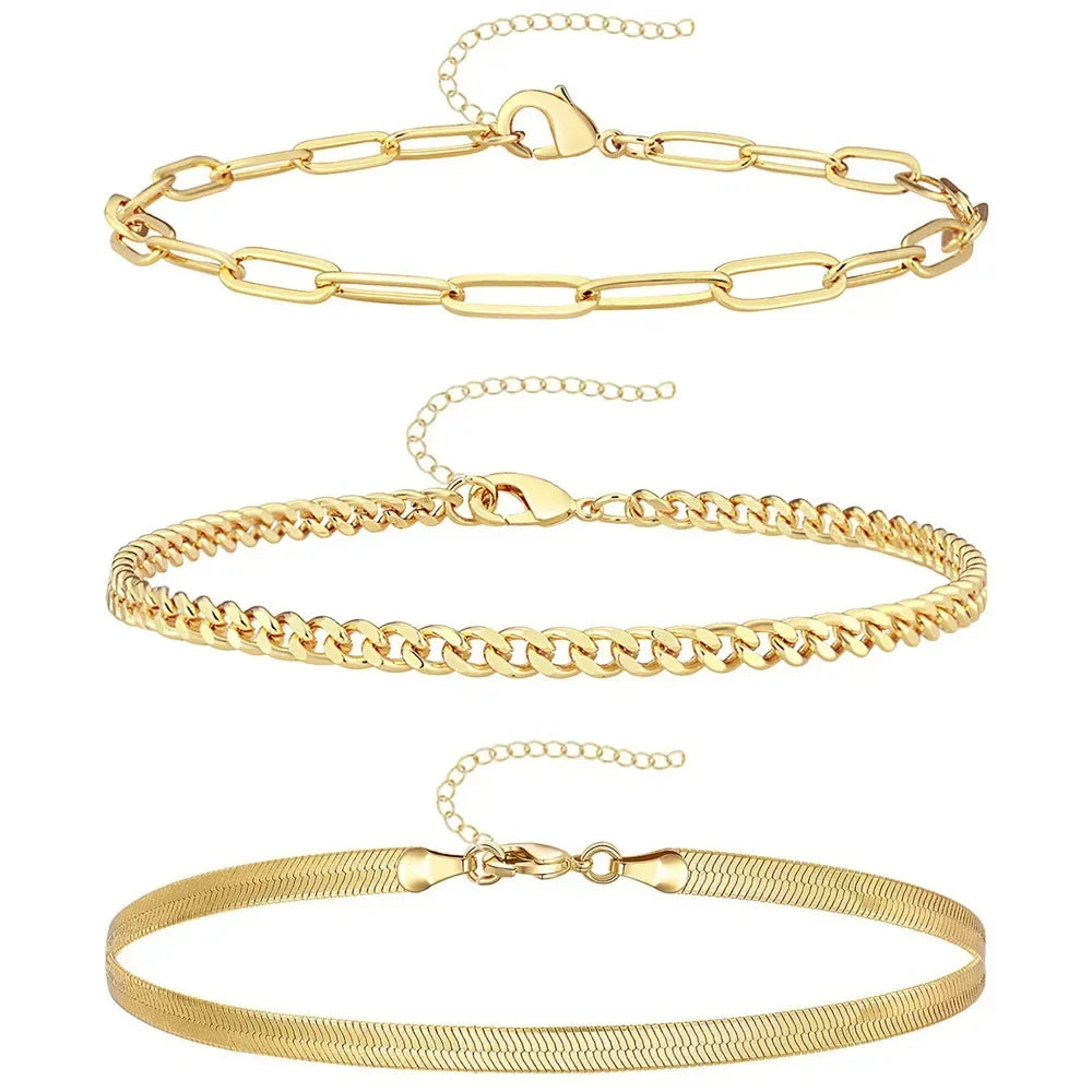 3-Piece Gold Stainless Steel Anklet Set