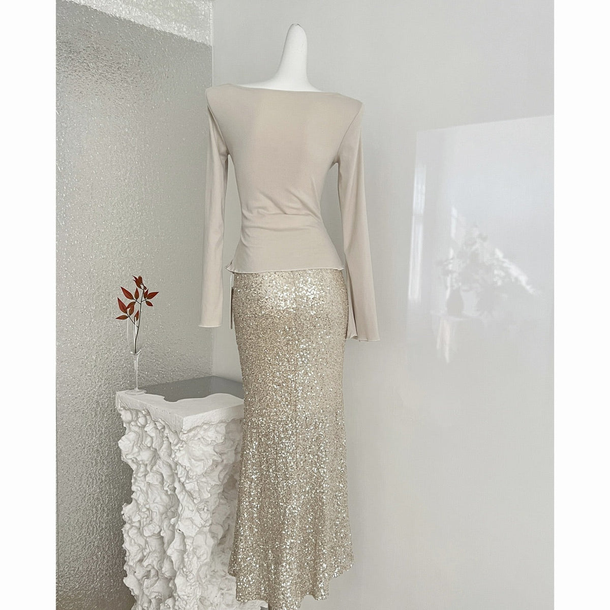 Champagne Gold Sequin Two-Piece Evening Dress
