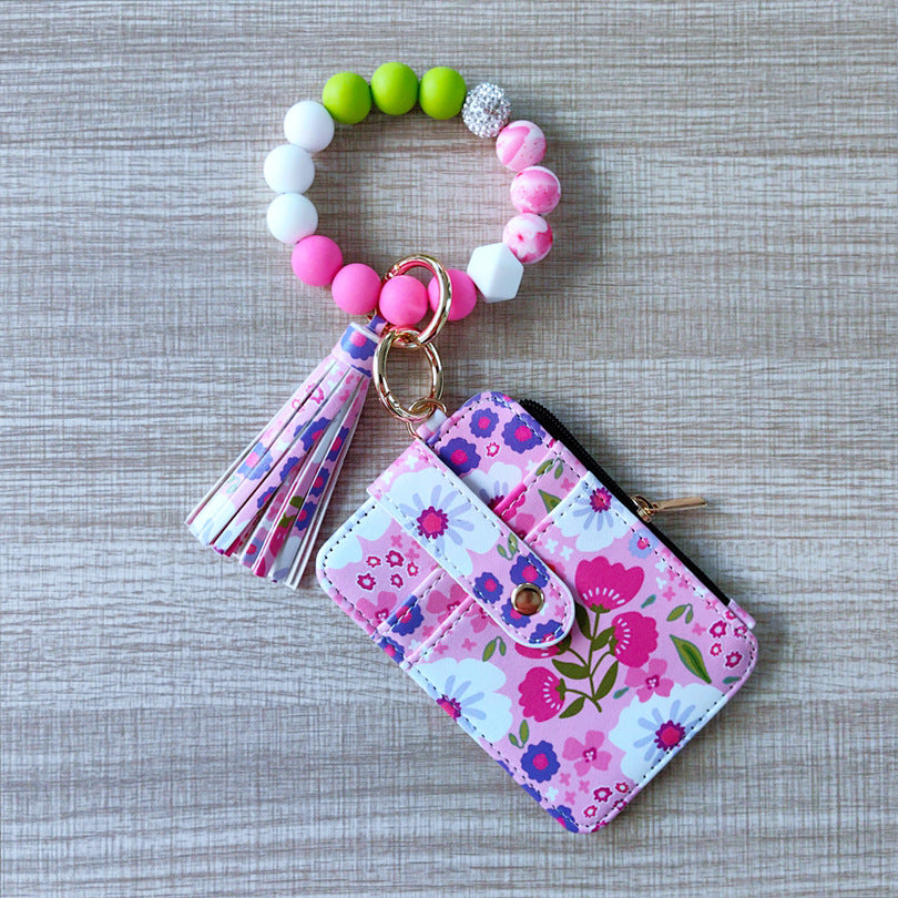 Bead Wristlet Keychain with Card Pouch - Rose Red
