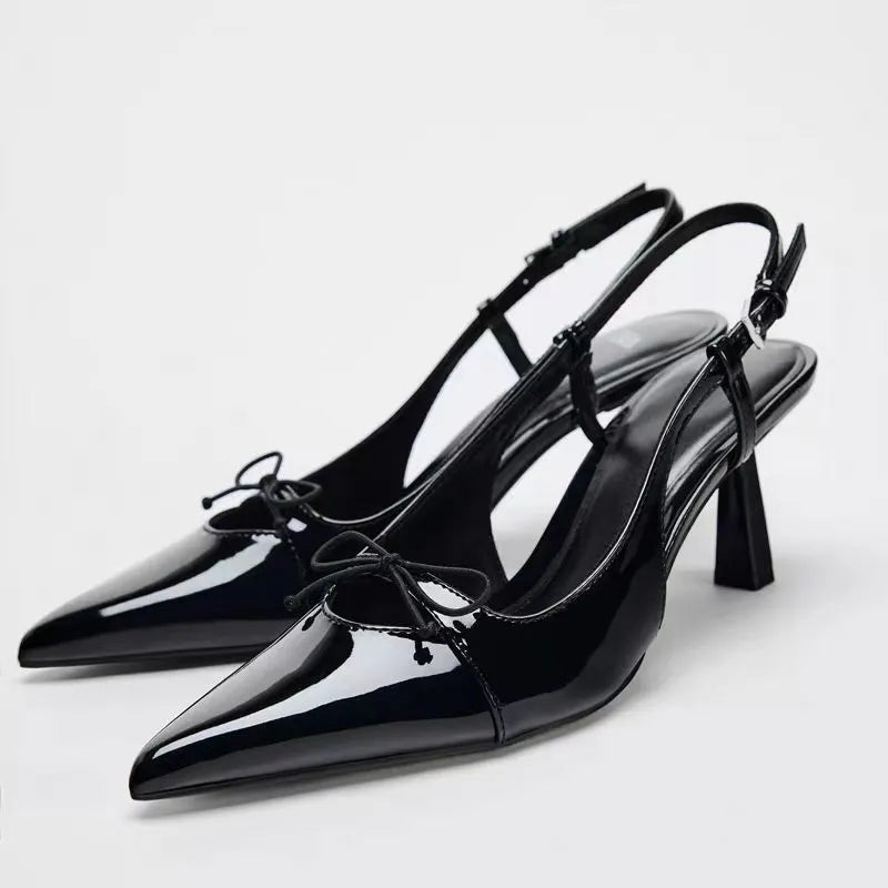 Black Patent Bow Pointed-Toe Heels
