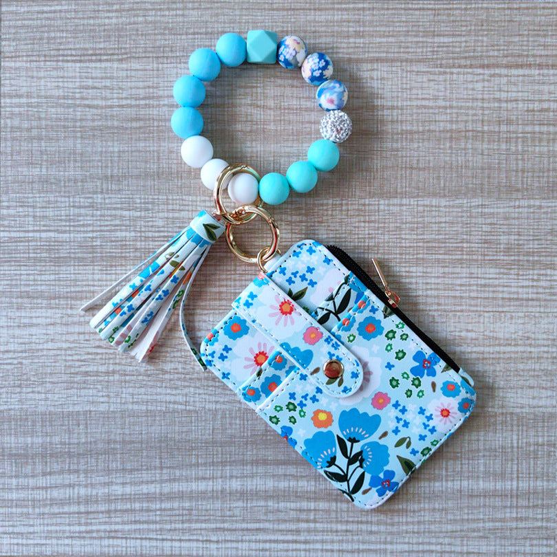 Bead Wristlet Keychain with Card Pouch - Sky Blue