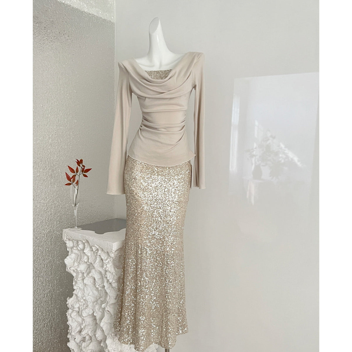 Champagne Gold Sequin Two-Piece Evening Dress