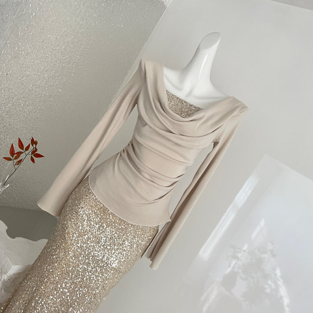 Champagne Gold Sequin Two-Piece Evening Dress