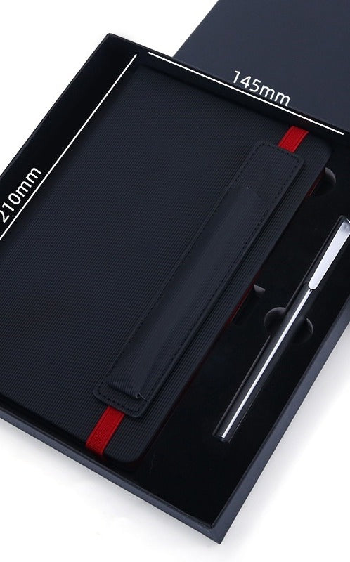 Black vegan leather notebook and metal pen in gift box