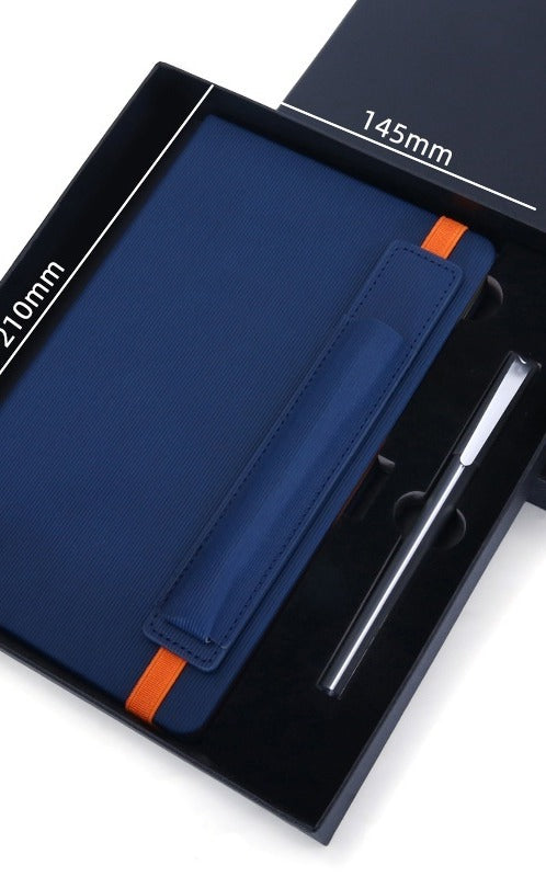 Navy vegan leather notebook and metal pen in gift box