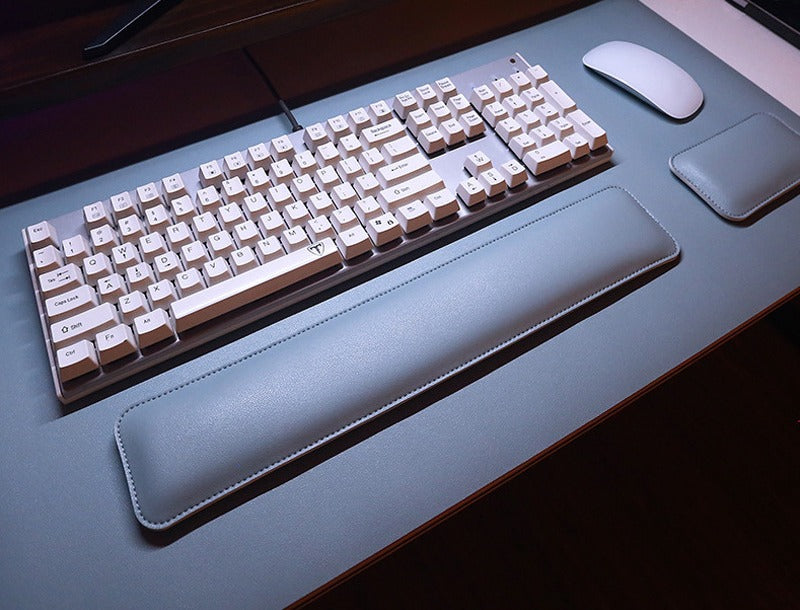 Light Blue vegan leather desk mat with keyboard and mouse wrist rests