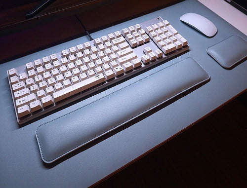 Light Blue vegan leather desk mat with keyboard and mouse wrist rests