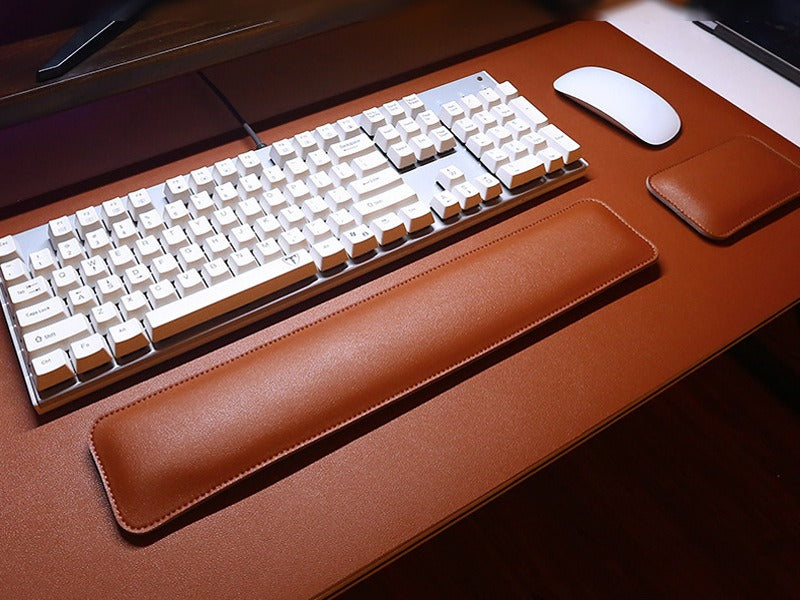 Light Brown vegan leather desk mat with keyboard and mouse wrist rests