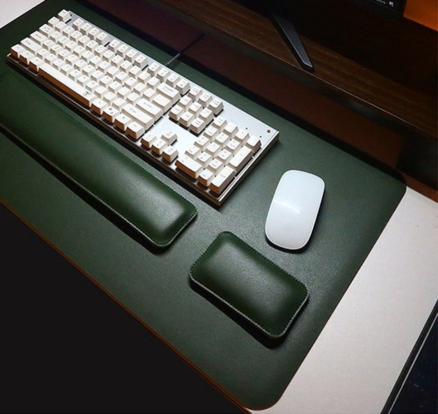 Olive Green vegan leather desk mat with keyboard and mouse wrist rests